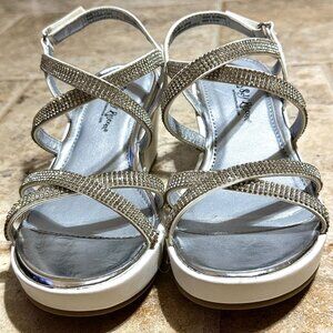 Self Esteem Rhinestone-Strap Silver Wedge Sandals Size 3.5M